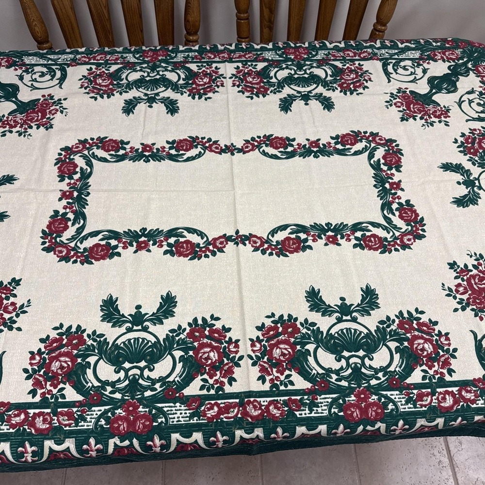 Vtg Tablecloth Holiday Charter Club Floral Roses Grecian Green Gold Formal Flaw